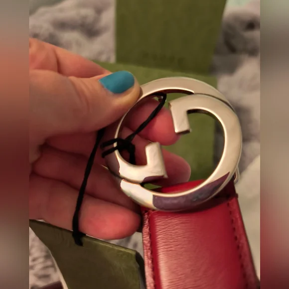 GUCCI BELT BLONDIE GG LOGO Silver BUCKLE RED LEATHER sz 100/ 40-NEW - Picture 7 of 10